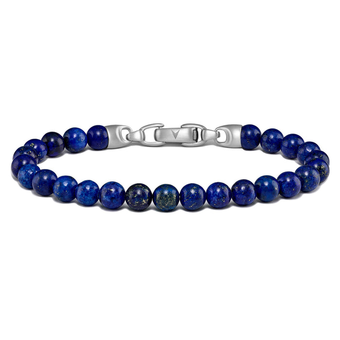 Blue Lapis mens birthstone beaded bracelet with silver clasp on a white background