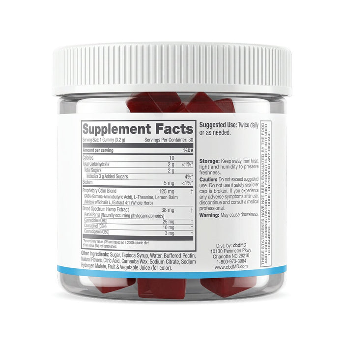 Back of CBD calming gummies jar showing supplement facts, ingredients, and dosing information