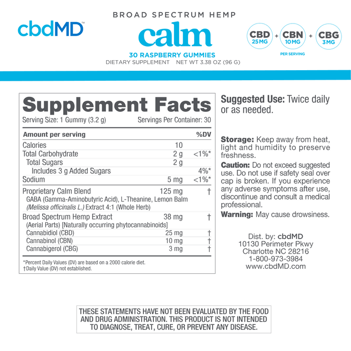 Supplement Facts panel for calming broad spectrum hemp gummy with CBD, CBN, CBG, and natural ingredients.