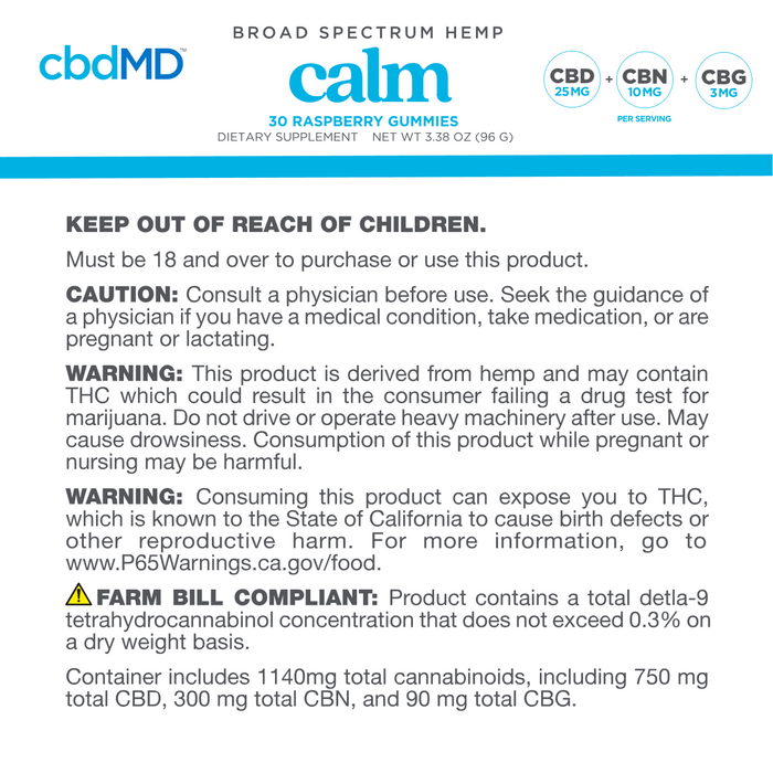 Supplement facts and warnings label for hemp-derived gummies with cannabinoid content details.