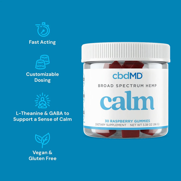 Broad spectrum hemp calming gummies jar with fast acting, customizable dosing, L-Theanine, GABA, vegan and gluten free benefits.