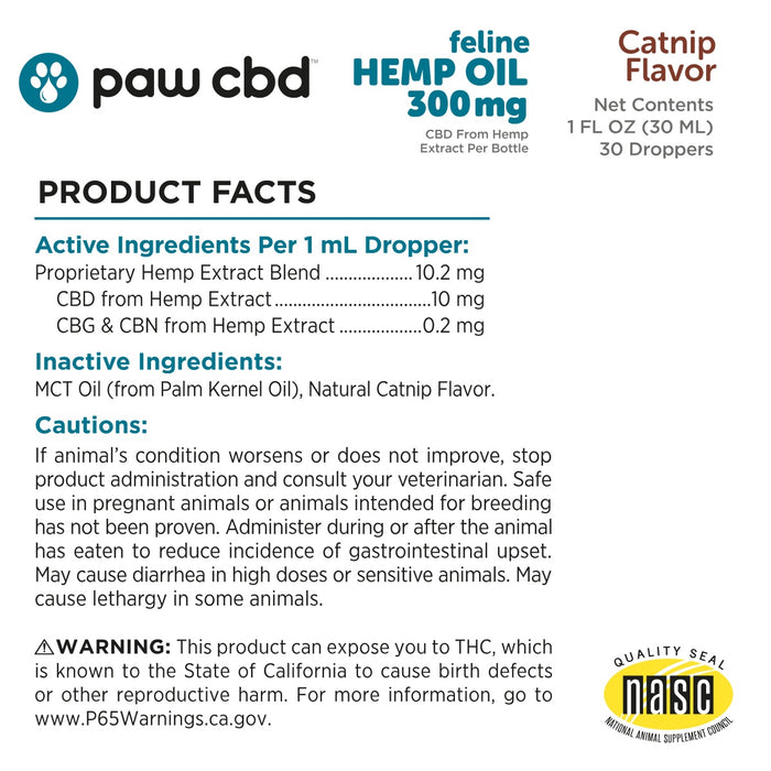 Product label for paw cbd feline hemp oil 300 mg with catnip flavor, showing active and inactive ingredients, and warning information.