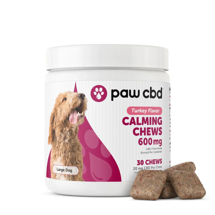 paw cbd calming chews for large dogs turkey flavor 600mg jar with soft chews in front
