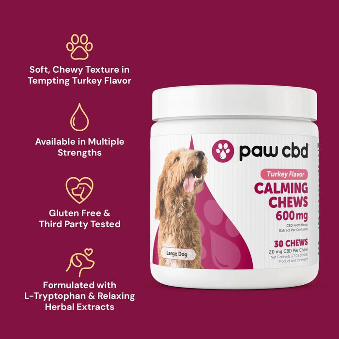 Turkey flavor calming chews for large dogs, 600mg, with product benefits highlighted.