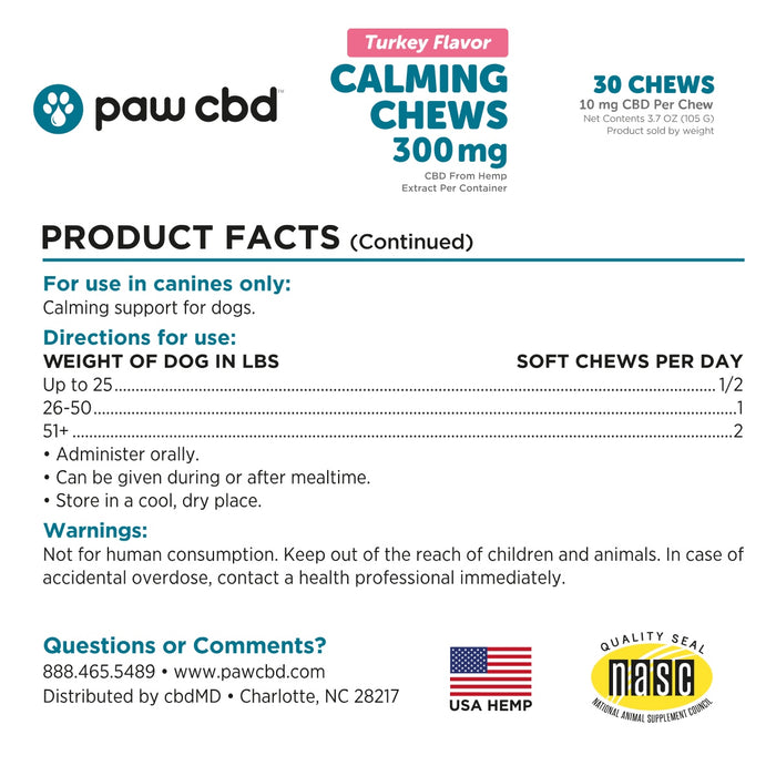 Product facts label for calming dog chews with dosage, warnings, and USA hemp seal.