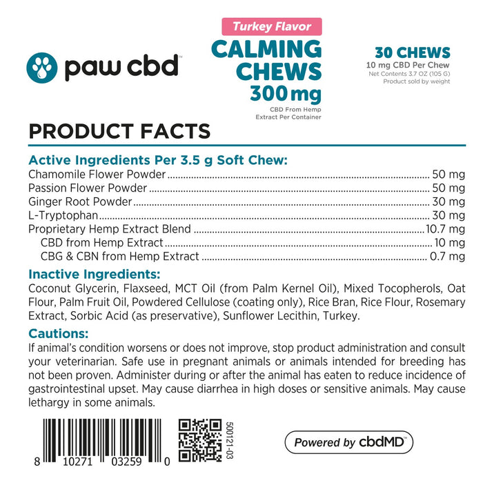 Product facts label for calming soft chews showing active and inactive ingredients and cautions.