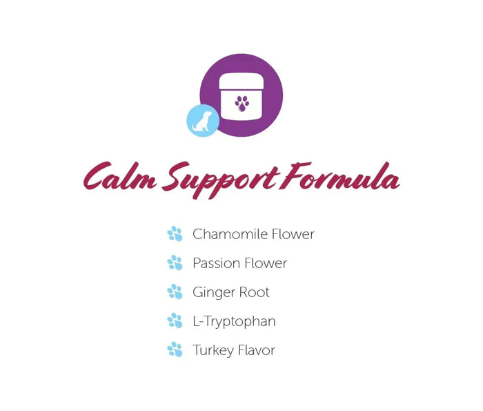 Calm support pet chews infographic showing chamomile, passion flower, ginger root, L-tryptophan, and turkey flavor ingredients.