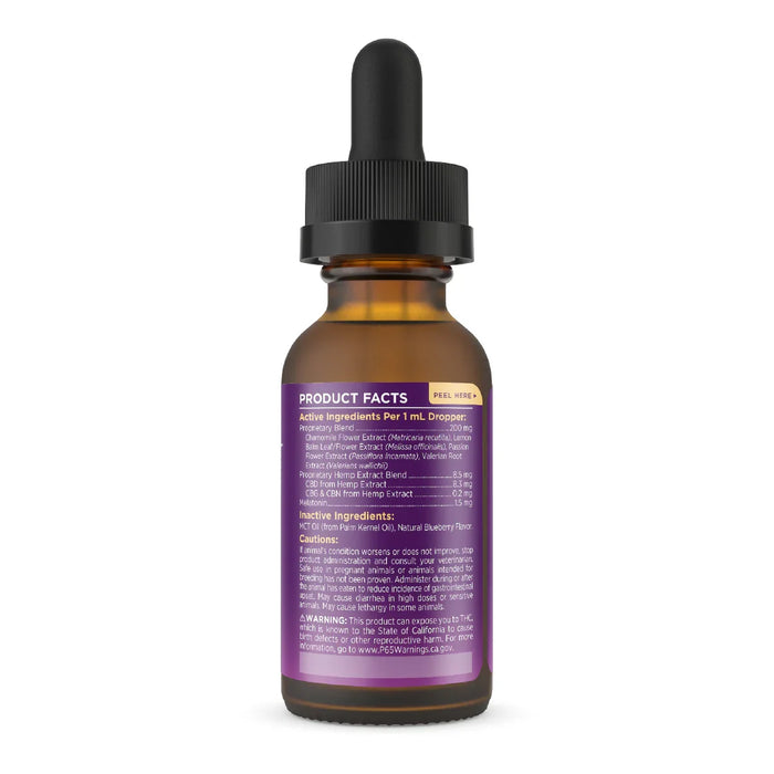 Amber dropper bottle with purple product facts label showing pet hemp oil ingredients.