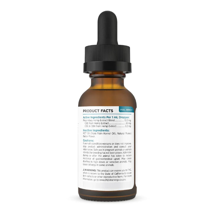 Brown glass dropper bottle with product facts label for dog tincture, CBD hemp extract; Strength: 300MG;