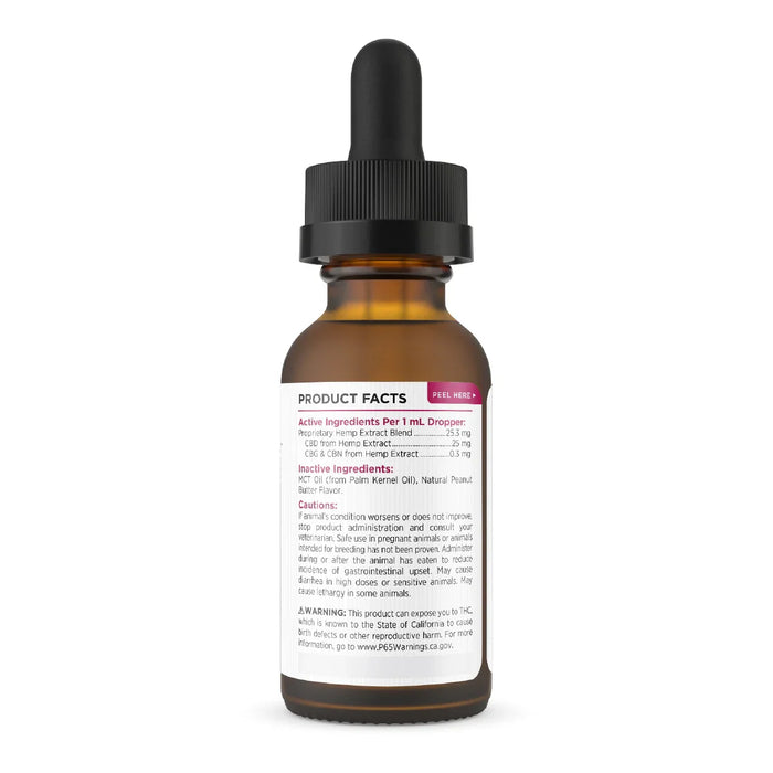Brown dropper bottle with product facts label for pet hemp extract tincture, 750mg strength.; Strength: 750MG;