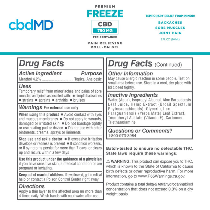 Label for cbdMD Premium Freeze CBD Pain Relieving Roll-On Gel with drug facts and inactive ingredients.; Strength: 750MG;