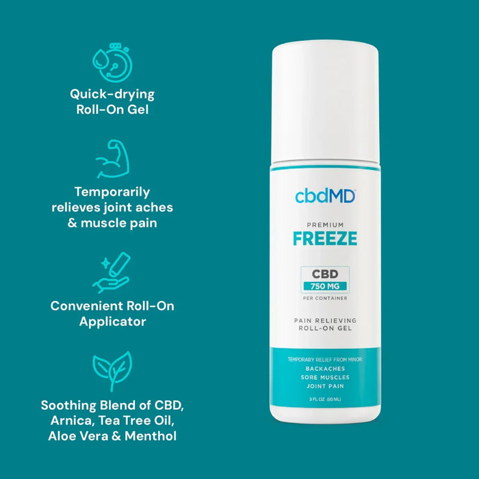 CBD freeze roll-on gel 750mg bottle for muscle and joint pain relief, teal background; Strength: 750MG;