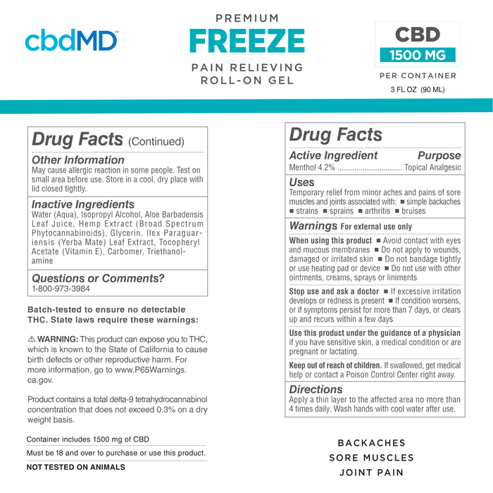 Label for cbdMD Premium Freeze CBD Pain Relieving Roll-On Gel with drug facts and inactive ingredients.; Strength: 1500MG;