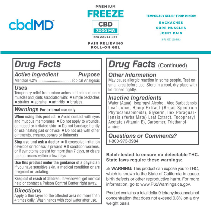 Label for cbdMD Premium Freeze CBD Pain Relieving Roll-On Gel with drug facts and inactive ingredients.; Strength: 3000MG;