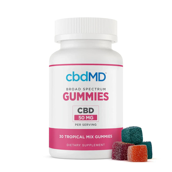 Bottle of broad spectrum CBD tropical mix gummies with colorful gummies in front; Strength: 1500MG;