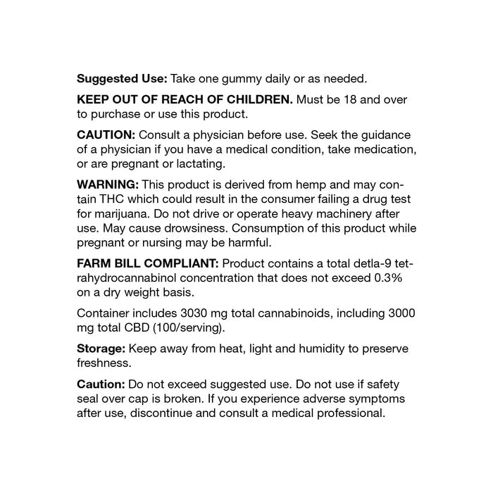 CBD gummy supplement usage and safety instructions with dosage, warnings, and storage guidelines.; Strength: 3000MG;