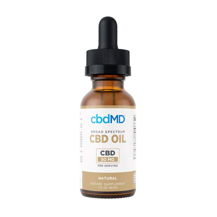 A 1 fl oz amber glass dropper bottle of cbdMD Broad Spectrum CBD Oil, 30 mg, with a black cap and white label on a solid white background.; Flavor: Natural; Strength: 1500MG;