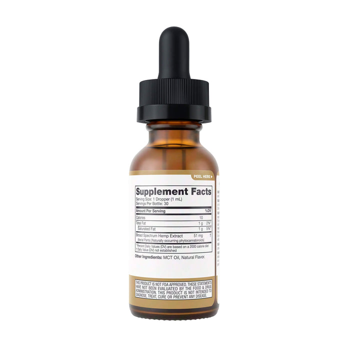 An amber glass dropper bottle with a black cap, showing the Supplement Facts label on a white background.; Flavor: Natural; Strength: 1500MG;