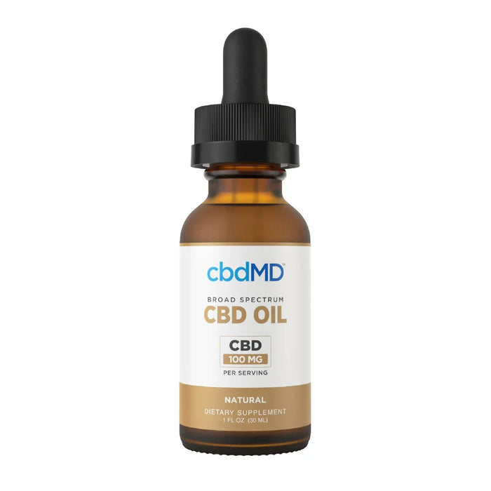 Brown glass dropper bottle labeled Broad Spectrum CBD Oil 100mg Natural dietary supplement; Flavor: Natural; Strength: 3000MG;