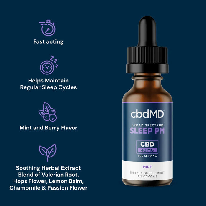 Broad spectrum CBD sleep tincture bottle with benefits for sleep cycles, mint berry flavor, and herbal blend.