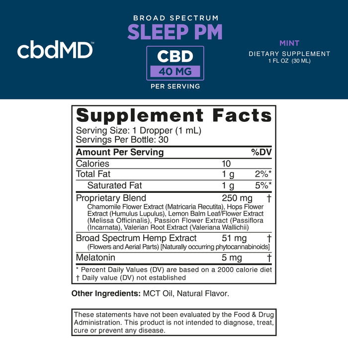 Supplement facts label for broad spectrum hemp extract tincture with herbs and melatonin.