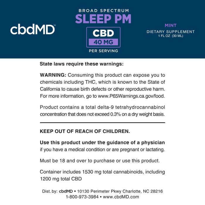 CBD tincture label with suggested use, storage, caution, and legal warnings text