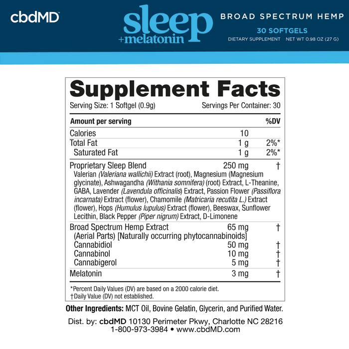 Supplement facts label for softgel sleep aid with melatonin, valerian, hemp extract, and botanicals.
