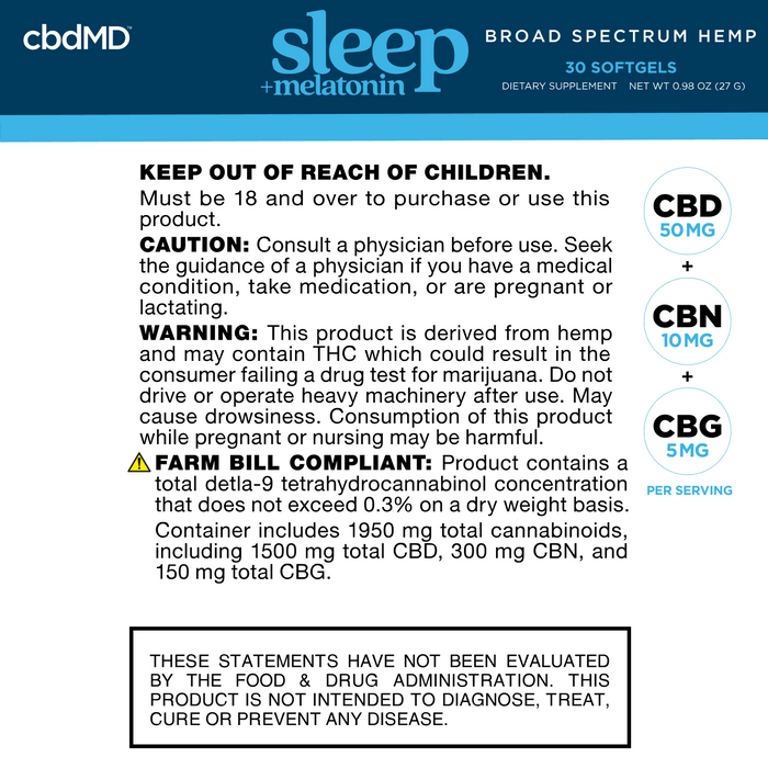 CBDMD sleep + melatonin supplement label with product details and warnings.