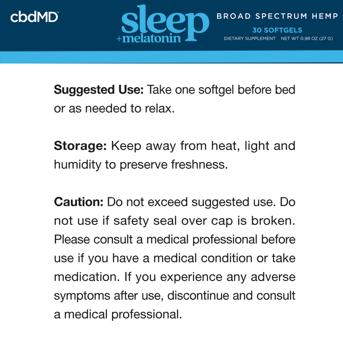Label for cbdMD sleep + melatonin supplement with text on suggested use, storage, and caution.