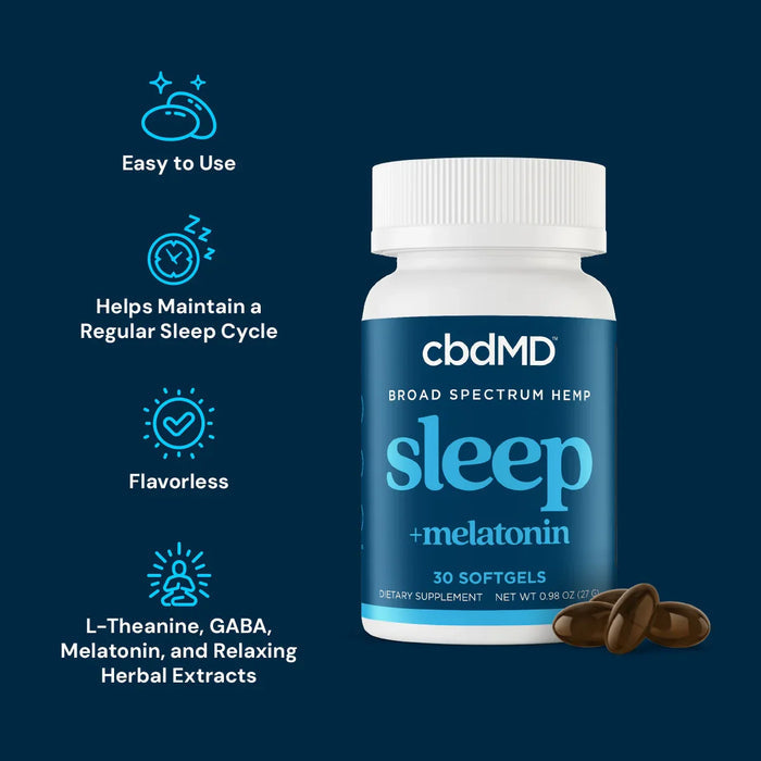 Bottle of broad spectrum hemp sleep softgels with melatonin, L-theanine, and herbal extracts