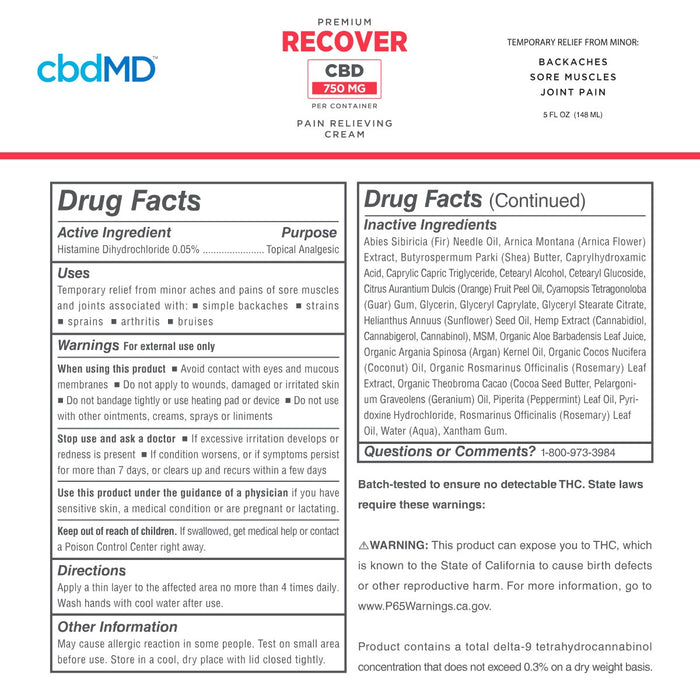 cbdMD Recover CBD Pain Relieving Cream label with drug facts and warnings.; Strength: 750MG;