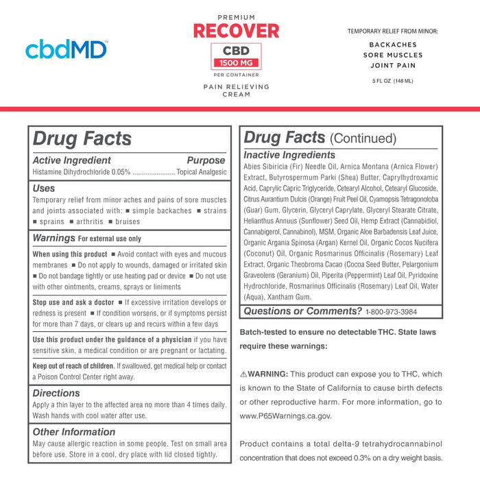 cbdMD Recover CBD Pain Relieving Cream label with drug facts and warnings.; Strength: 1500MG;