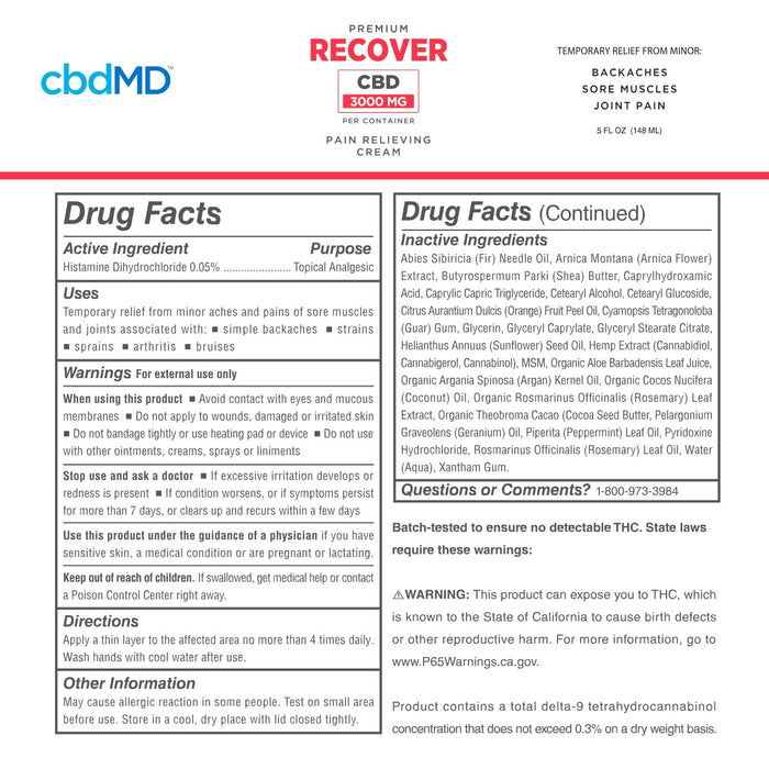 cbdMD Recover CBD Pain Relieving Cream label with drug facts and warnings.; Strength: 3000MG;
