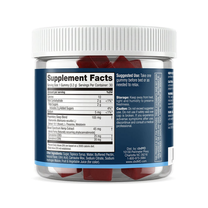 Back of a sleep gummies jar showing supplement facts and suggested use instructions.