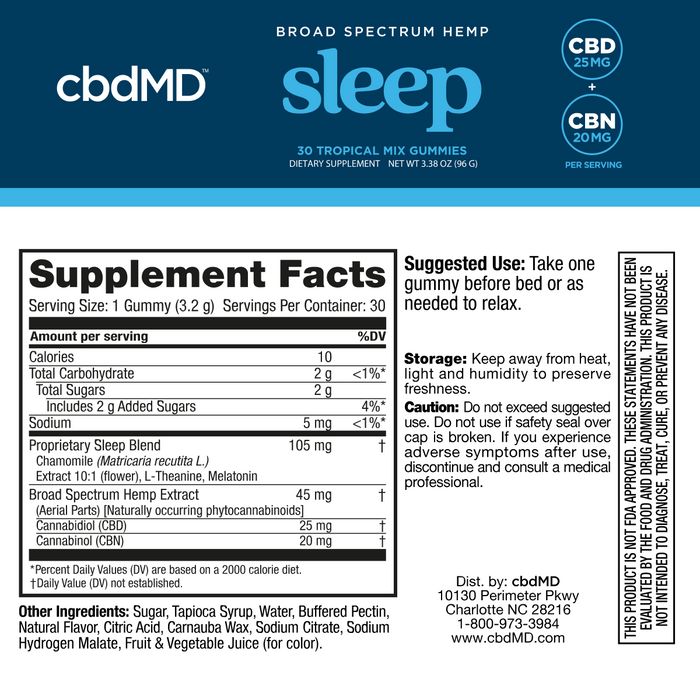 Sleep gummies supplement facts label showing ingredients like chamomile, melatonin, CBD, CBN.