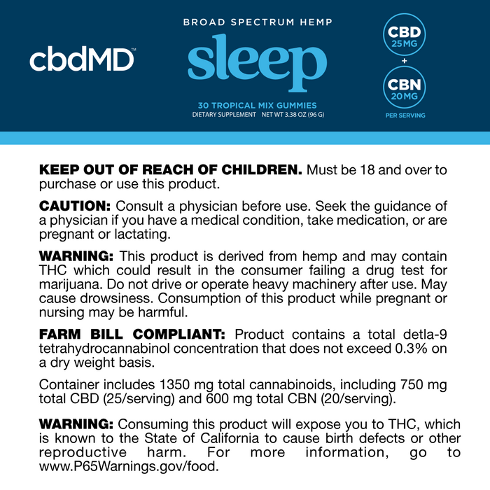 Product label with usage instructions, storage, caution, warnings, and cannabinoid content details.