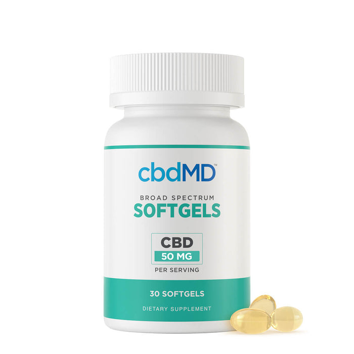 A white bottle of cbdMD Softgels dietary supplement with a white cap, featuring a label with teal and blue text, and three softgel capsules placed in front on a white background.; Strength: 1500MG;