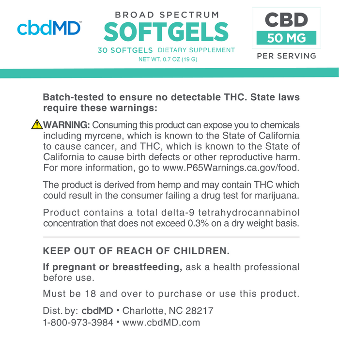 CBD softgels product label with usage instructions, safety warnings, and THC disclaimer.; Strength: 1500MG;
