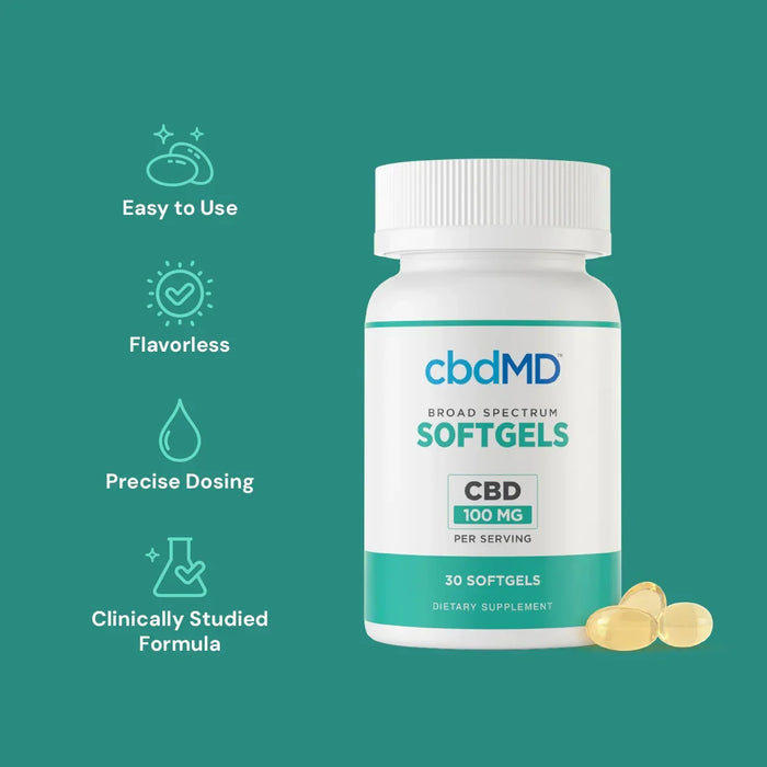 CBD softgels bottle with three capsules, highlighting easy use, flavorless, precise dosing.; Strength: 3000MG;