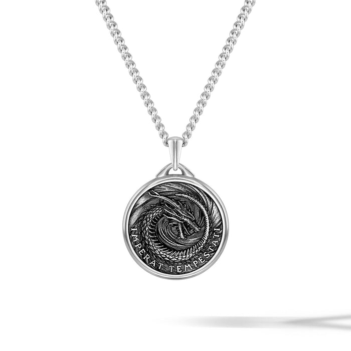 Silver necklace with a round pendant featuring a dragon design on a white background