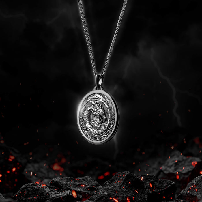 Silver dragon pendant necklace on a dark background with fiery elements