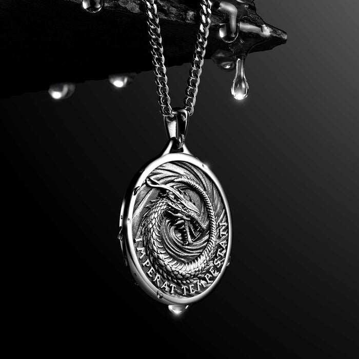 Silver dragon pendant necklace on a dark background