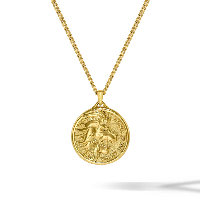 Gold necklace with a round pendant on a white background