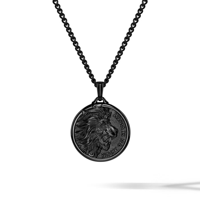 Black lion pendant necklace on a white background