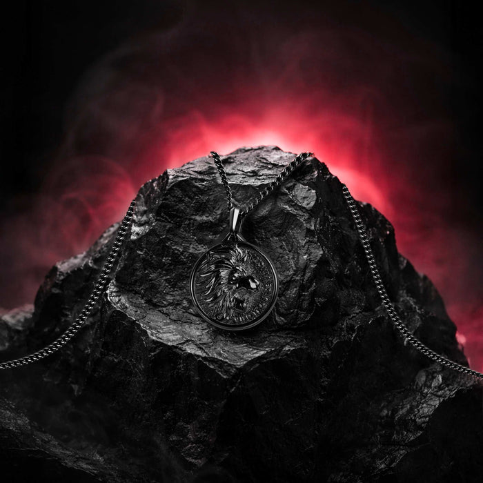 Black Lion pendant for men on Lava Rock