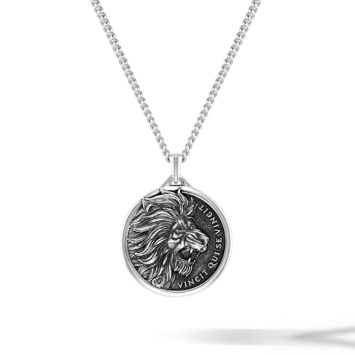 Silver necklace with a lion pendant on a white background