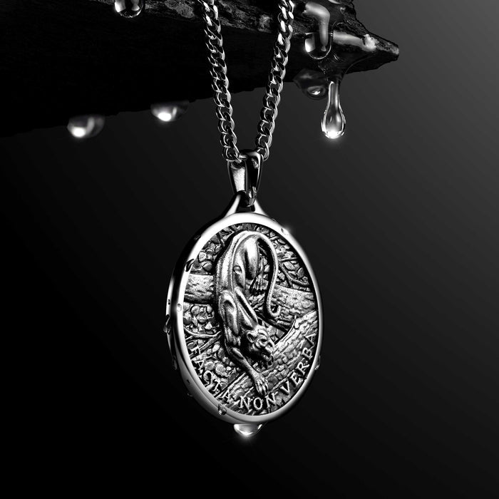 Silver pendant necklace with engraved design on a dark background