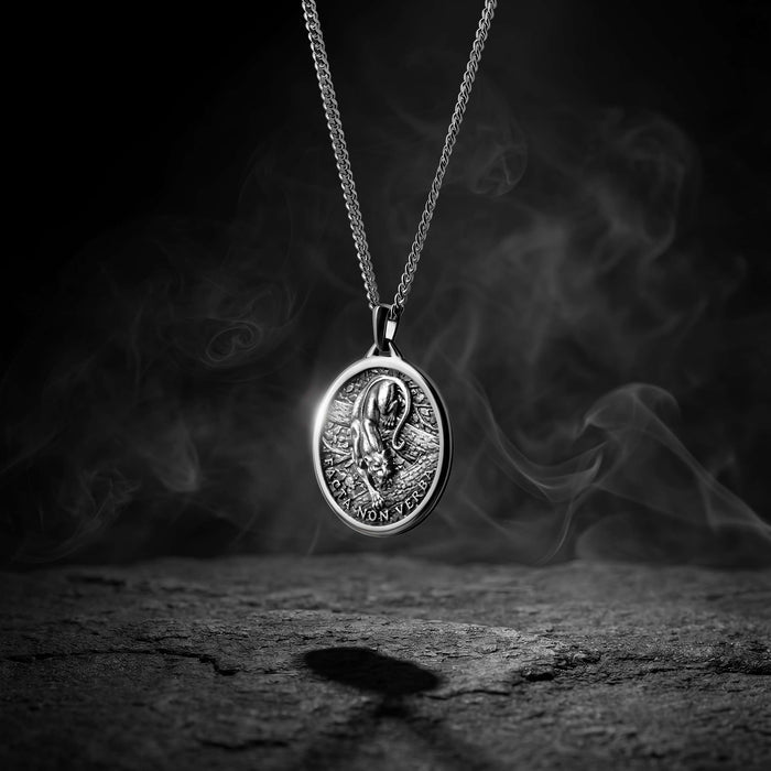 Silver necklace with a pendant on a dark background with smoke effects