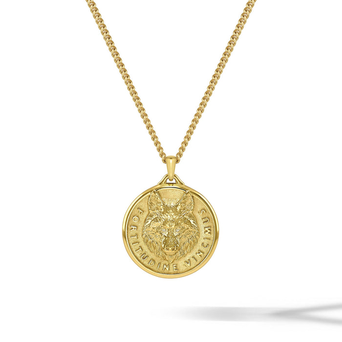 Gold necklace with a lion pendant on a white background