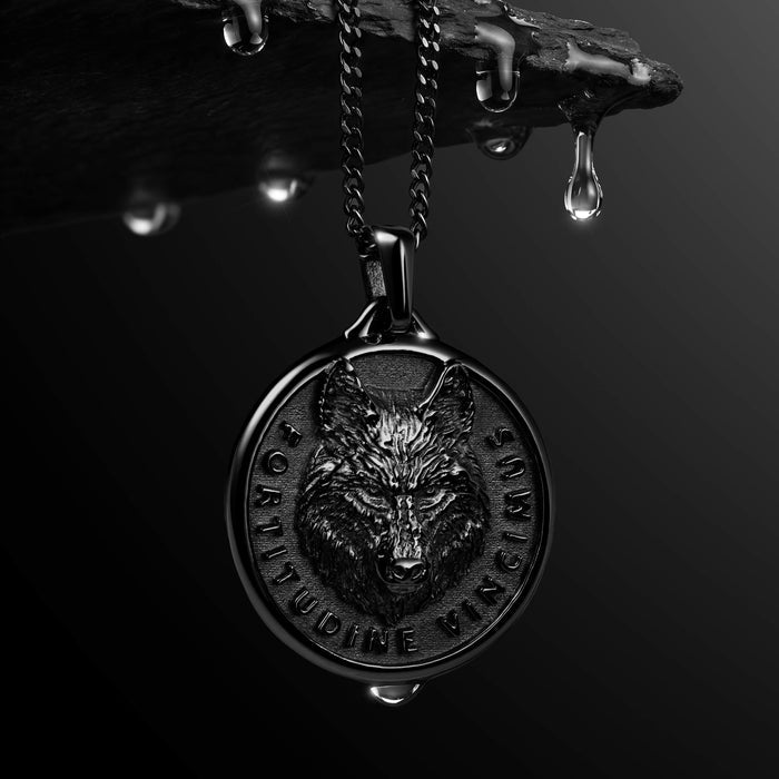 Black wolf pendant for men hanging from rock